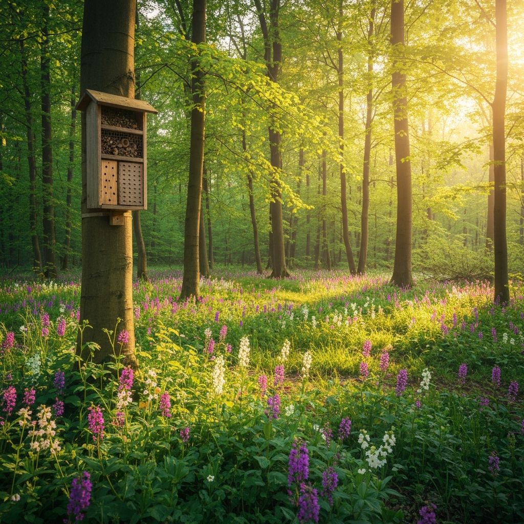 Wald mit Nistkästen und Wildblumen
